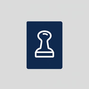 Minimalist vector icon of a passport and official stamp in deep navy blue on a solid light gray background, flat design.