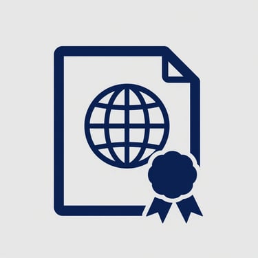 Minimalist vector icon of a document with a globe and ribbon seal in deep navy blue on a solid light gray background, flat design.