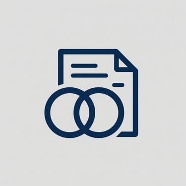 Minimalist vector icon of two intertwined rings and a legal document in deep navy blue on a solid light gray background, flat design.
