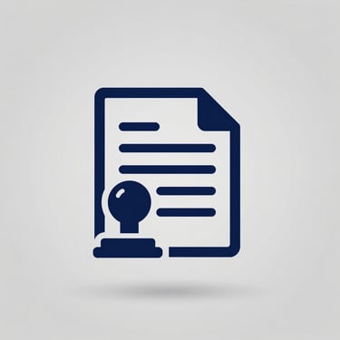 Minimalist vector icon of a notary stamp and legal document in deep navy blue on a solid light gray background, flat design.