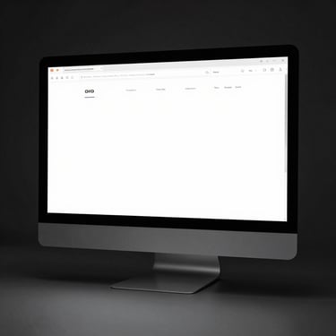 Clean mockup of a minimalist website displayed on a monitor in a stark studio, deep contrast.