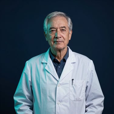 Professional studio portrait of a senior neuroradiologist, cool-toned lighting, deep navy background, sharp focus, 35mm