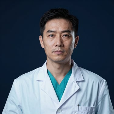 Professional studio portrait of a stroke research scientist, cool-toned lighting, deep navy background, sharp focus, 35mm
