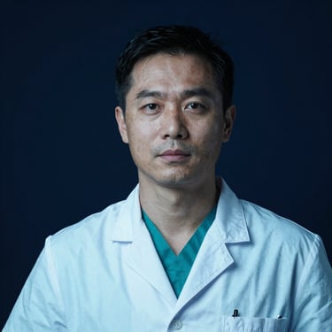 Professional studio portrait of a clinical imaging specialist, cool-toned lighting, deep navy background, sharp focus, 35mm
