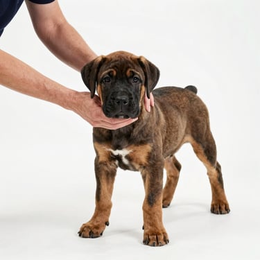 A young Cane Corso puppy undergoing early neurological stimulation exercises on a clean, high-exposure white surface, handled gently by professional hands.