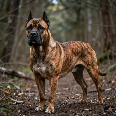 An athletic chestnut brindle female Cane Corso moving gracefully through a wooded path, overcast high-contrast daylight highlighting muscle tone.