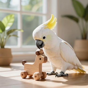 A beautiful white cockatoo with yellow crest interacting gently with a wooden toy in a bright, airy room, shallow depth of field, 35mm