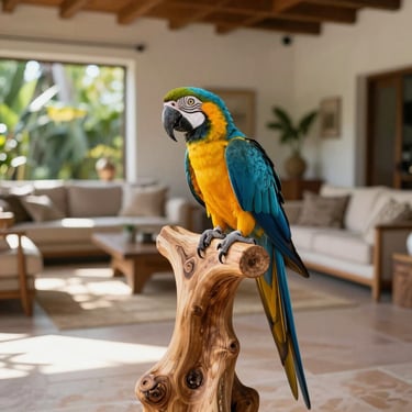 Vibrant blue and gold macaw perched on a large natural wood stand in a spacious, sun-dappled Spanish villa living room, shallow depth of field, 35mm