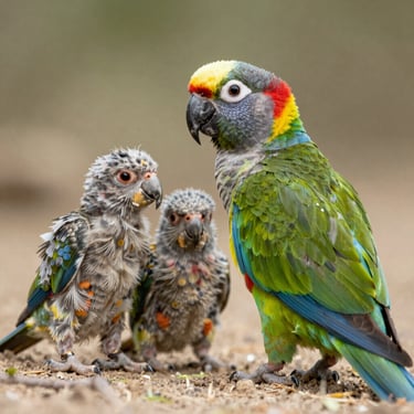 Vibrant blue and gold macaw perched on a large natural wood stand in a spacious, sun-dappled Spanish villa living room, shallow depth of field, 35mm