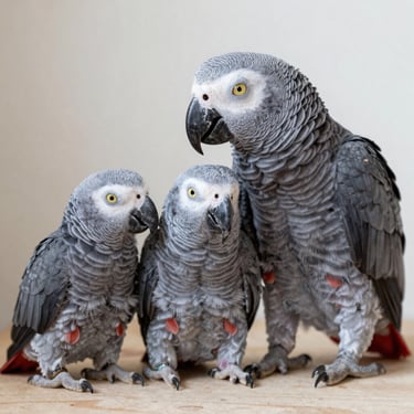 Vibrant African Grey parrot on a sleek modern perch near a window with soft natural daylight, spacious home interior, shallow depth of field, 35mm
