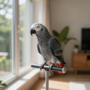 Vibrant African Grey parrot on a sleek modern perch near a window with soft natural daylight, spacious home interior, shallow depth of field, 35mm