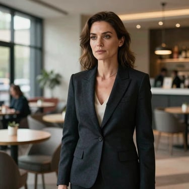 A sophisticated Western European woman in a dark blazer standing in a modern restaurant foyer, looking calm and authoritative. Natural soft lighting.