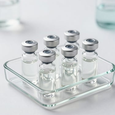 Sterile cosmetic ampoules with silver caps in a minimalist glass tray, bright clinical setting.