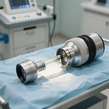 High-intensity focused ultrasound applicator resting on a sterile medical cart, bright clinical daylight.