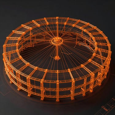 Technical blueprint vector overlay of an arena rigging plot, showing load points, truss lines, and weight distribution vectors in high-contrast orange on a dark background.