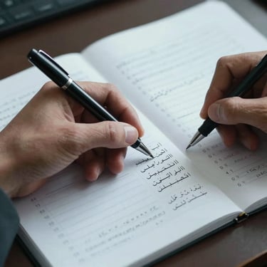 Close-up of hands annotating an Arabic legal document with a fine-tip pen, procedural calendar dates visible on an adjacent sheet, cool task lighting, dark desk surface, sharp focus on the pen tip and Arabic numerals