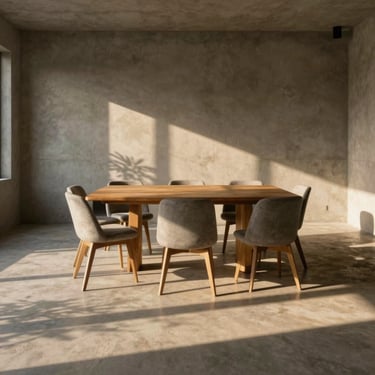 Diffused golden light illuminating a raw concrete dining room, long soft shadows, symmetrical framing.