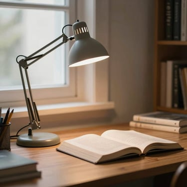 A quiet study room with a single desk lamp casting warm light on an open book, soft window daylight.