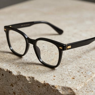 Close-up of heavy black acetate frame with gold temple detailing resting on raw, porous travertine stone under soft side lighting.
