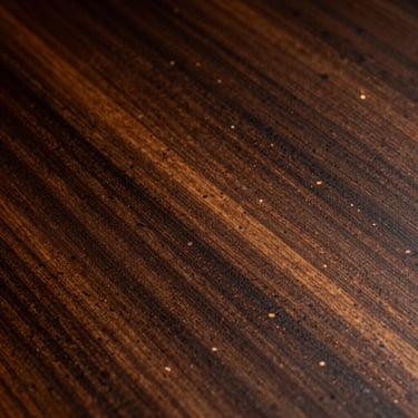 Close-up of dark amber and bronze-flecked frame in dramatic chiaroscuro, showing the rich depth of the material grain.