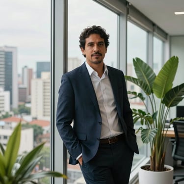 Portrait of a Brazilian entrepreneur in a modern office with many green plants, leaning against a large window, South American city skyline blurred in background.