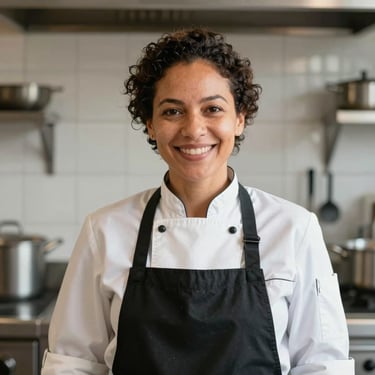 Portrait of a Brazilian female chef in a professional kitchen, smiling warmly at the camera, soft natural lighting, modern Scandinavian kitchen aesthetic.
