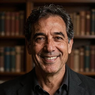 Portrait of a mature Spanish man with a warm smile, soft library background, warm lighting, 35mm