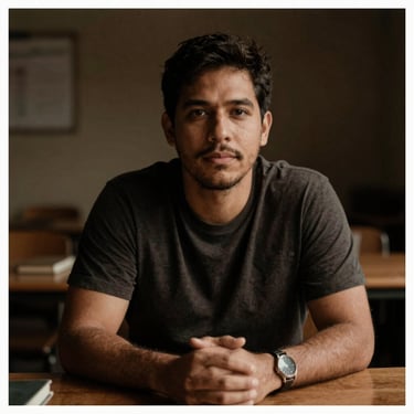 Warm editorial portrait of Carlos, a Colombian study leader, soft directional lighting, warm study desk environment, dark tones, 35mm photography