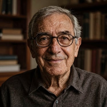 Portrait of an elderly European Spanish man with glasses, smiling gently, warm domestic study background, 35mm