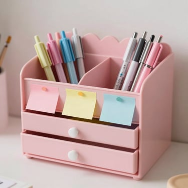 Aesthetic pastel pink desk organizer with drawers, filled with cute pens and aesthetic sticky notes, soft diffused lighting
