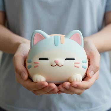 Hands holding a cute squishy stress-relief toy shaped like a sleeping cat, pastel colors, soft aesthetic background