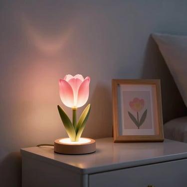 Cozy bedroom corner at night, a soft pink tulip nightlight glowing warmly on a nightstand next to a small framed pastel print.