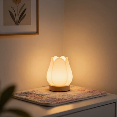 A cozy bedroom corner with a soft glowing tulip night light, a small pastel rug, and aesthetic wall art, warm golden hour light