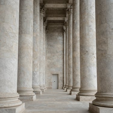 Symmetrical architectural view of the high court stone columns under soft diffused daylight, clean lines, minimalist framing