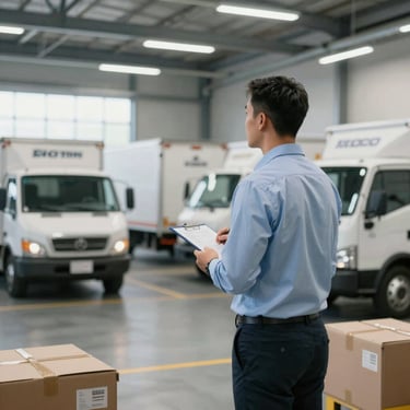 A confident logistics manager standing in a bright, modern North American warehouse office, looking out over a fleet of delivery trucks, conveying reliability and reach.