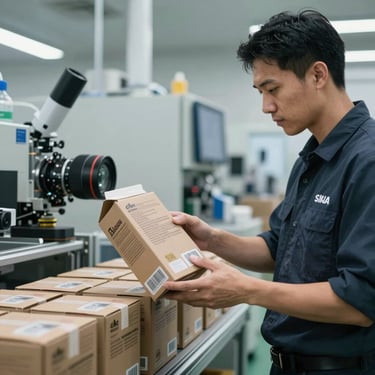 A professional packaging engineer in a modern North American facility, inspecting a printed carton for quality. They are wearing professional attire and the background shows high-tech equipment in a clean, sophisticated environment.
