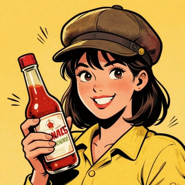 Belgian comic book style cartoon portrait of a friendly woman with a vintage cap, holding a bottle of sauce samouraï with dynamic action lines, bold outlines.