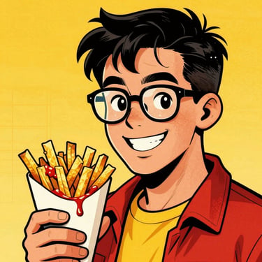 Belgian comic book style cartoon portrait of a smiling young man with retro glasses, holding a paper cone of golden fries with dripping sauce, bold outlines.