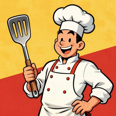 Belgian comic book style cartoon portrait of a cheerful chef wearing a retro apron, holding a giant spatula, bold outlines, warm shading.