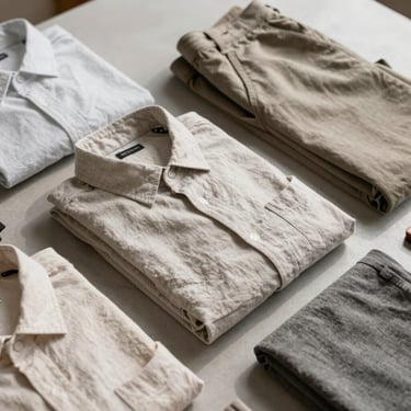 High-angle editorial flat-lay of folded linen garments, neutral shirts, and trousers, bright daylight.