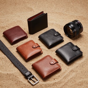 Studio shot of premium leather wallets and belts arranged neatly on a warm sand surface.