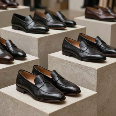 Minimalist product grouping of premium leather shoes and loafers on stone plinths, soft natural light.