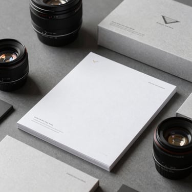 Minimalist corporate gift items, custom stationery, and premium lifestyle accessories grouped elegantly.