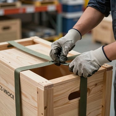 Medium close-up of technician hands in heavy-duty gloves securing a custom wooden crate with precise tension straps, high-clarity daylight, organized warehouse background.