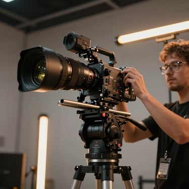 Low-angle shot of a cinematographer adjusting a large anamorphic lens on an Arri camera rig, illuminated by amber neon light.