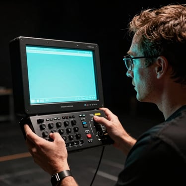 Moody close-up of a film producer on a dark soundstage, holding a technical monitor, bathed in high-contrast cyan backlight.