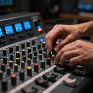 Tight macro shot of a sound designer's hands adjusting a mixing console in a dark studio with glowing blue VU meters.