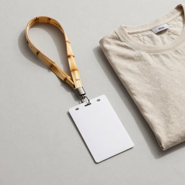 Curated seminar merchandise pack containing a bamboo lanyard and organic cotton t-shirt, minimalist styling, soft shadows, 35mm