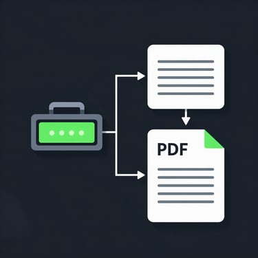 Crisp technical vector illustration of a server pipeline diagram showing text input converting to PDF output, neon green accents, dark background.