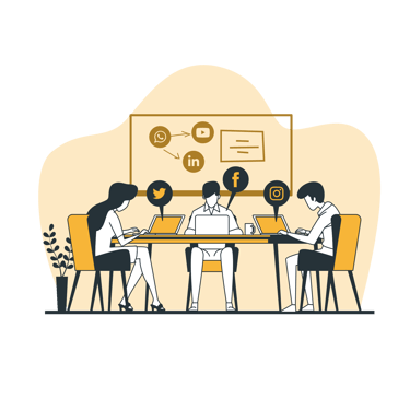 Digital marketing team managing social media strategy on laptops with icons for Facebook and LinkedIn.